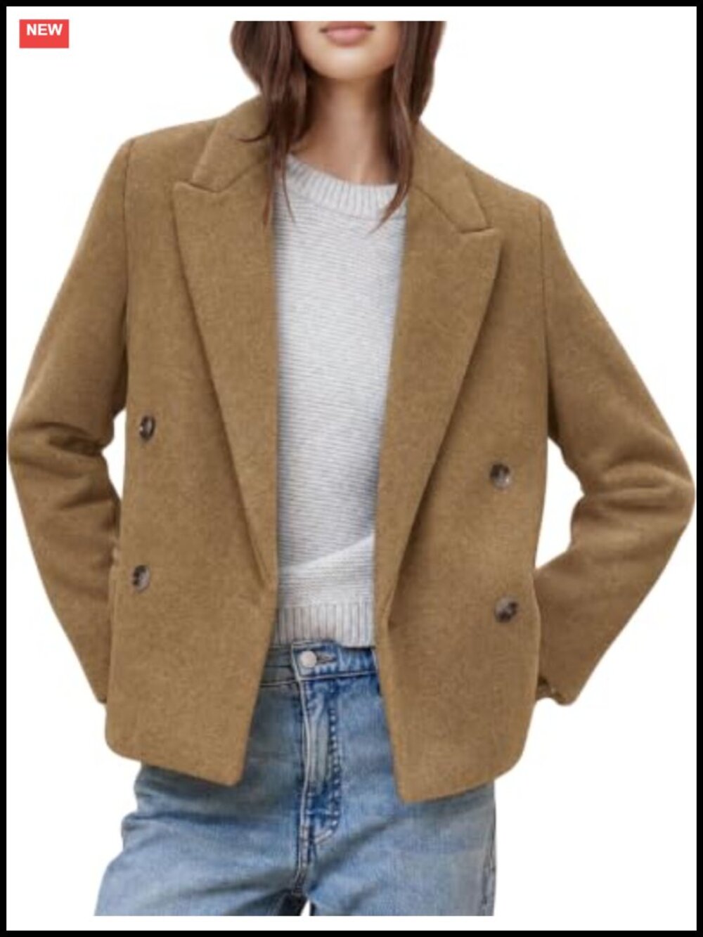 Womens Wool Blend Pea Coat Short Double Breasted Notched Lapel Overcoat